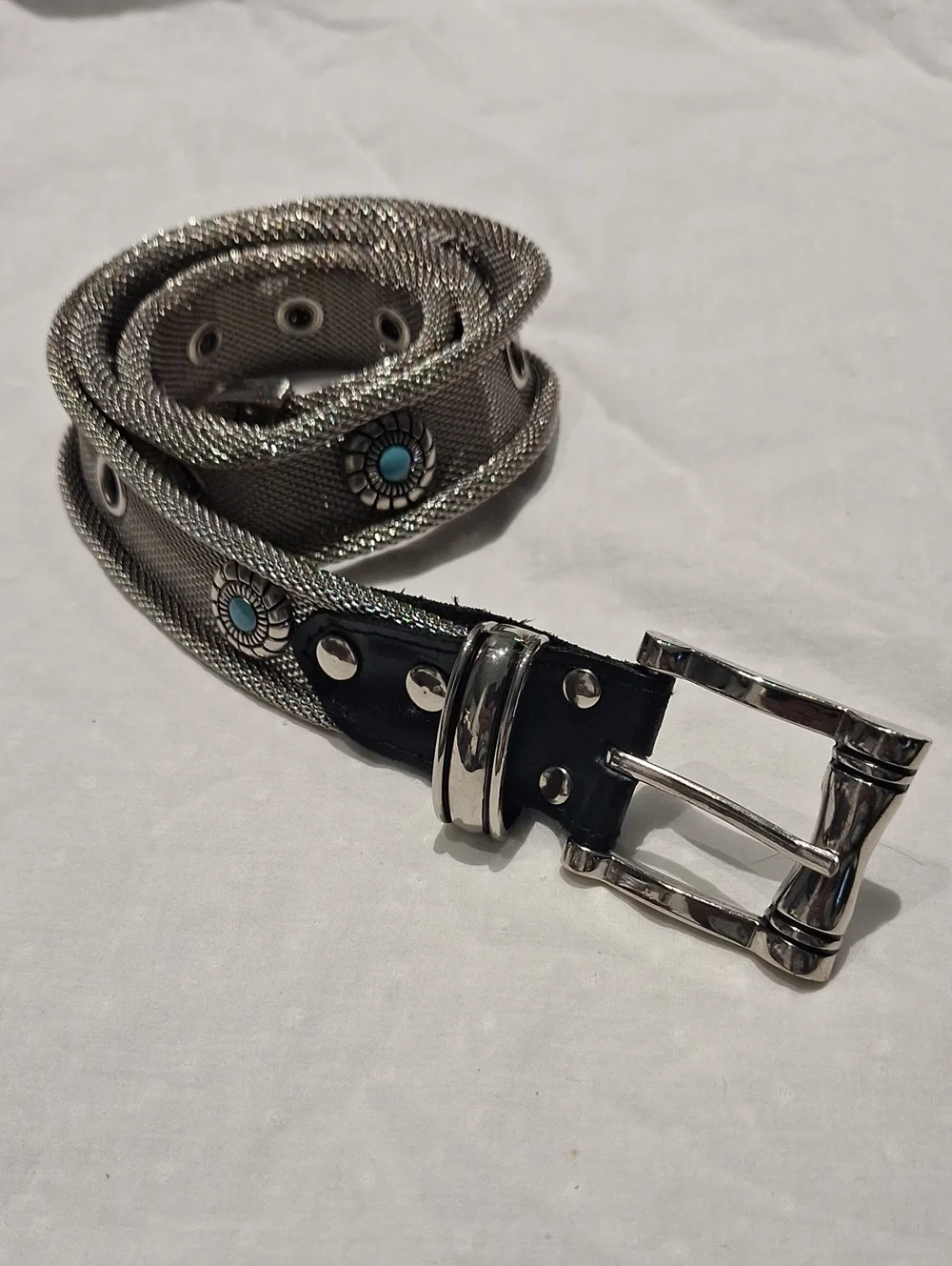 Donna Katz Women's Silver Metallic Studded Belt with Turquoise Accents